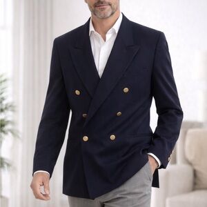 Henry Grethel Navy Wool Double Breasted Blazer – Classic Gold Button Jacket 46R
